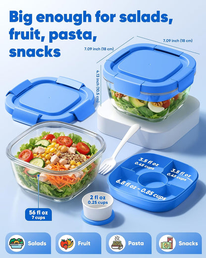 Glass Salad Container, 56oz Bowl with Airtight Lids, Bento Box