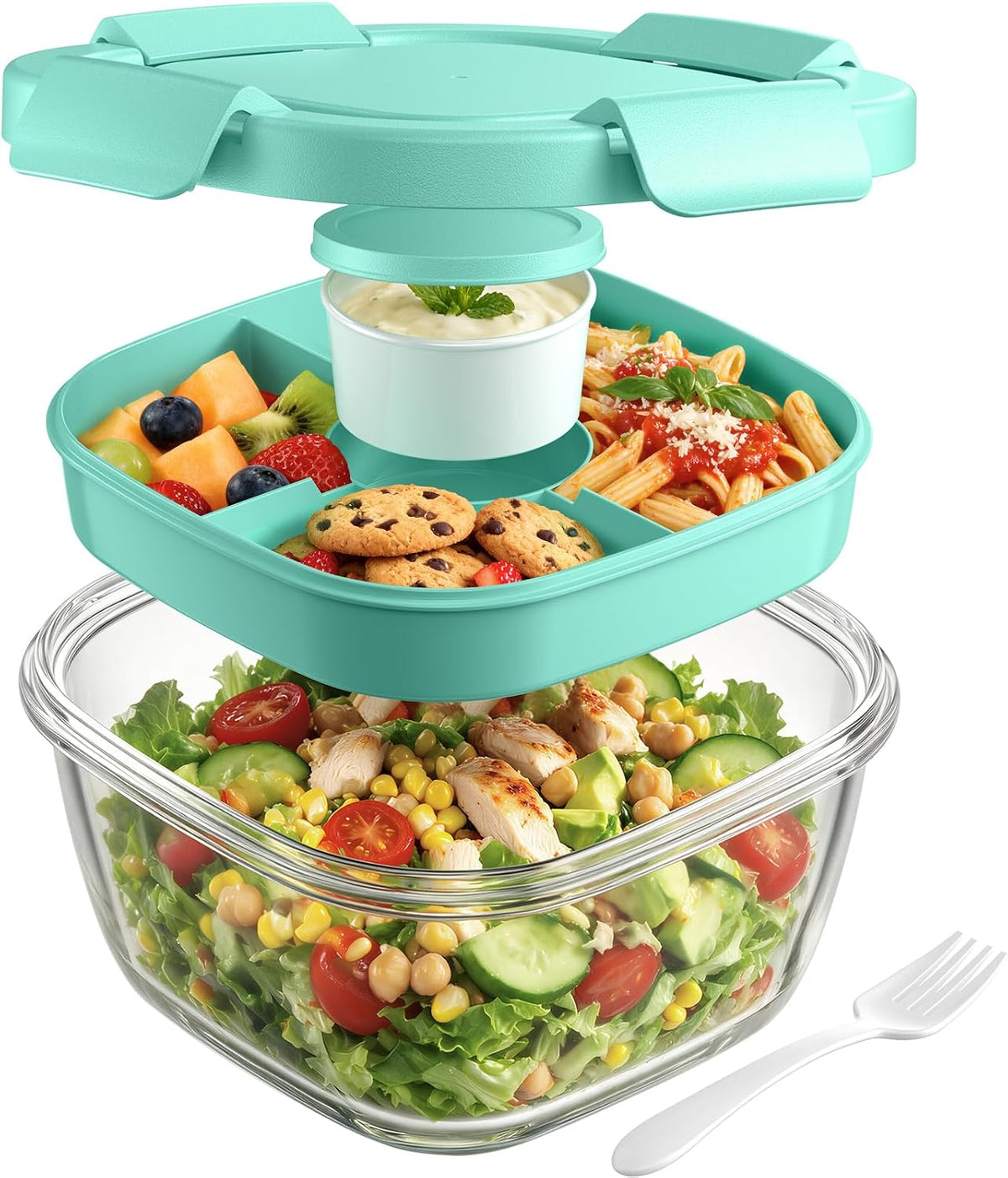 Glass Salad Container, 56oz Bowl with Airtight Lids, Bento Box