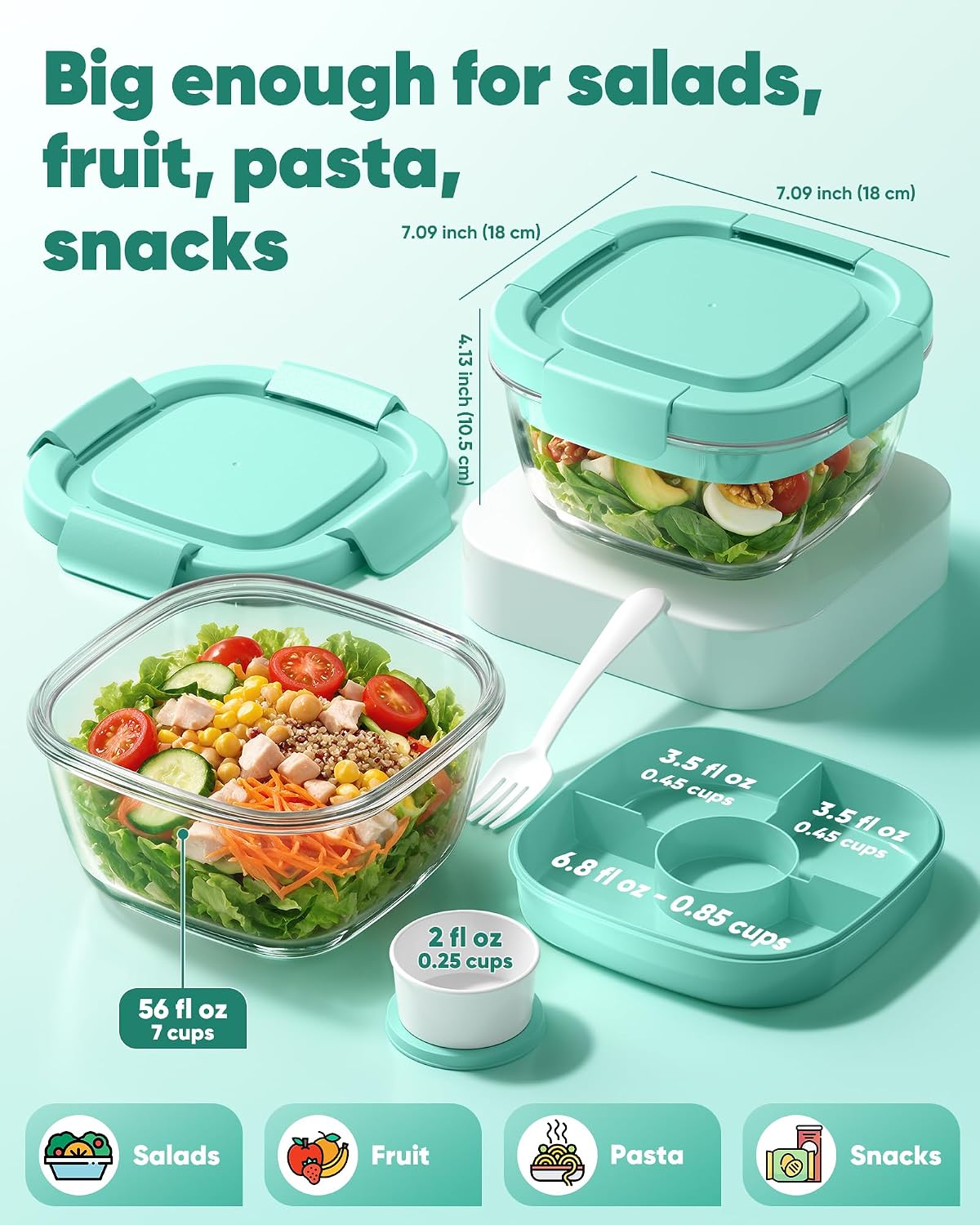 Glass Salad Container, 56oz Bowl with Airtight Lids, Bento Box
