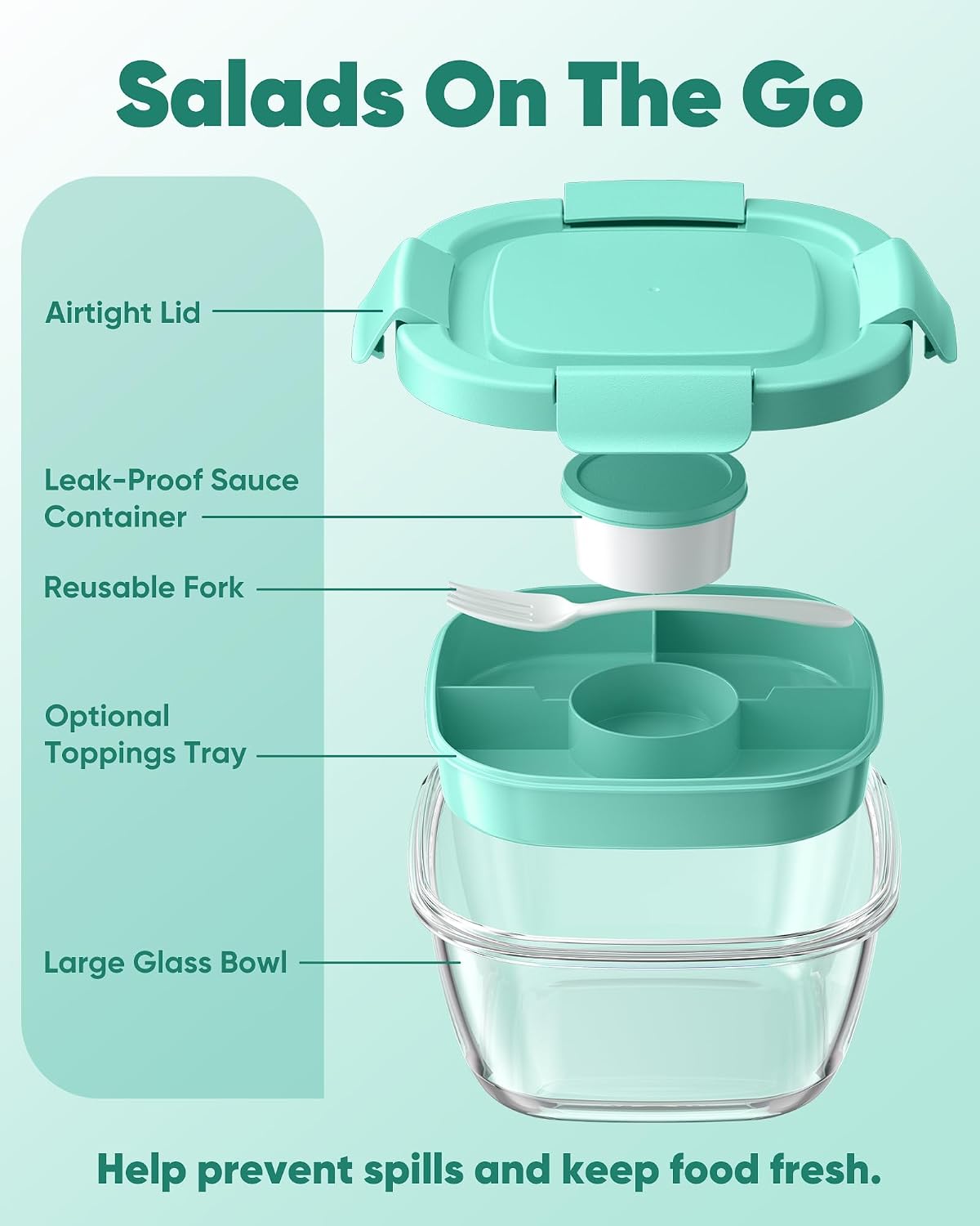 Glass Salad Container, 56oz Bowl with Airtight Lids, Bento Box