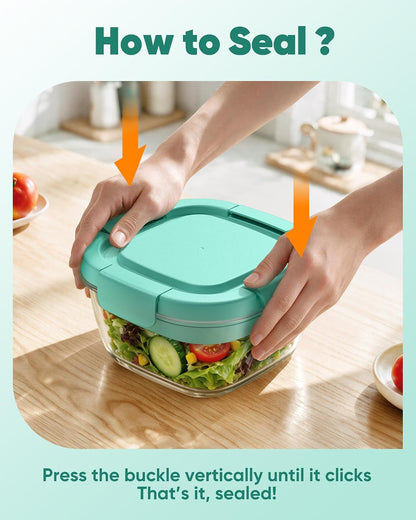 Glass Salad Container, 56oz Bowl with Airtight Lids, Bento Box