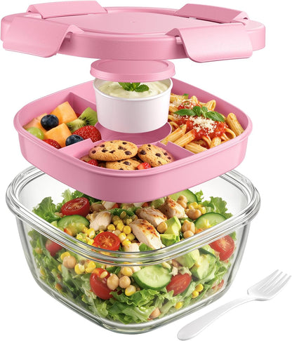 Glass Salad Container, 56oz Bowl with Airtight Lids, Bento Box