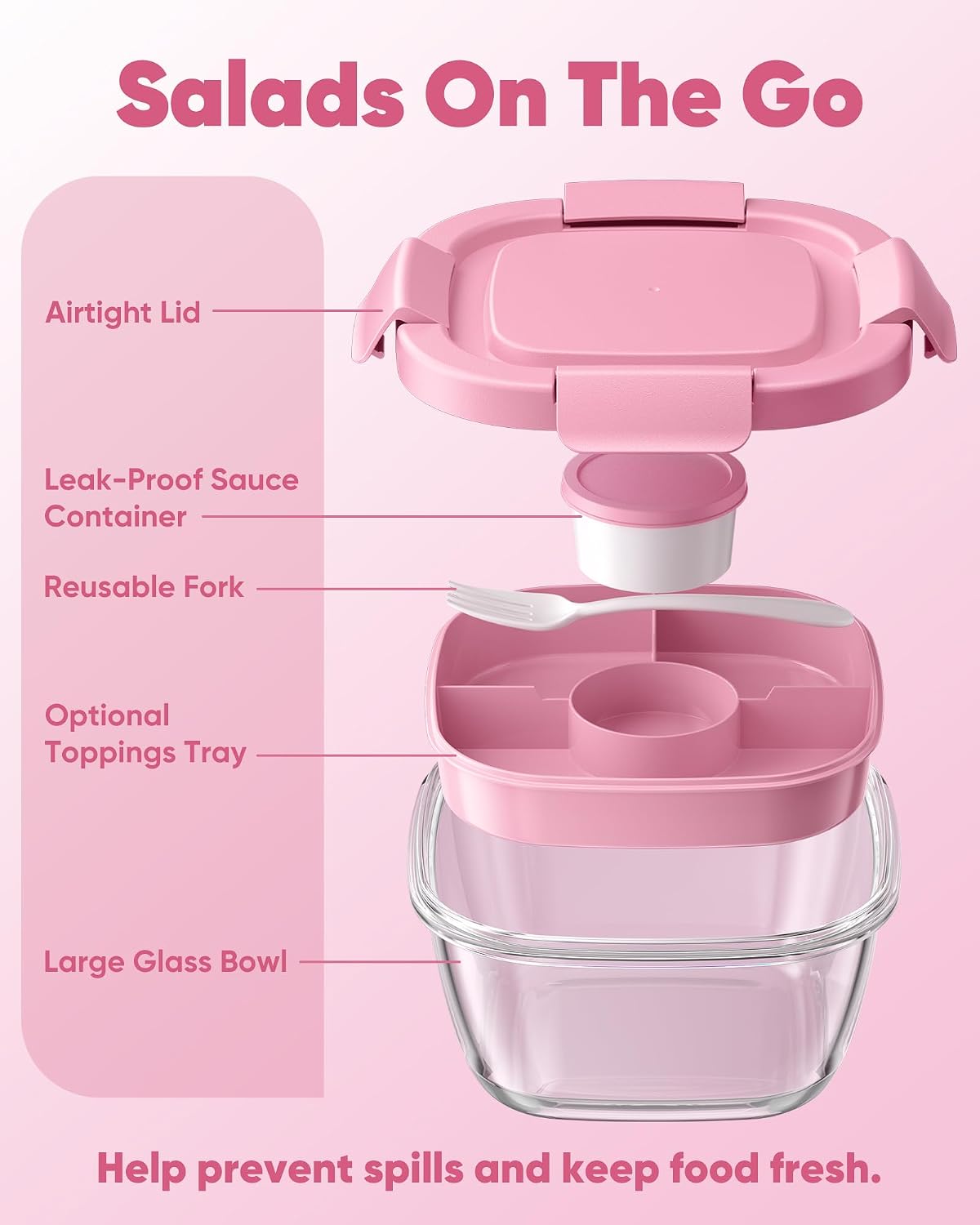 Glass Salad Container, 56oz Bowl with Airtight Lids, Bento Box