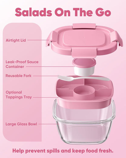 Glass Salad Container, 56oz Bowl with Airtight Lids, Bento Box