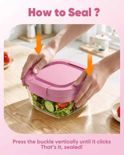 Glass Salad Container, 56oz Bowl with Airtight Lids, Bento Box