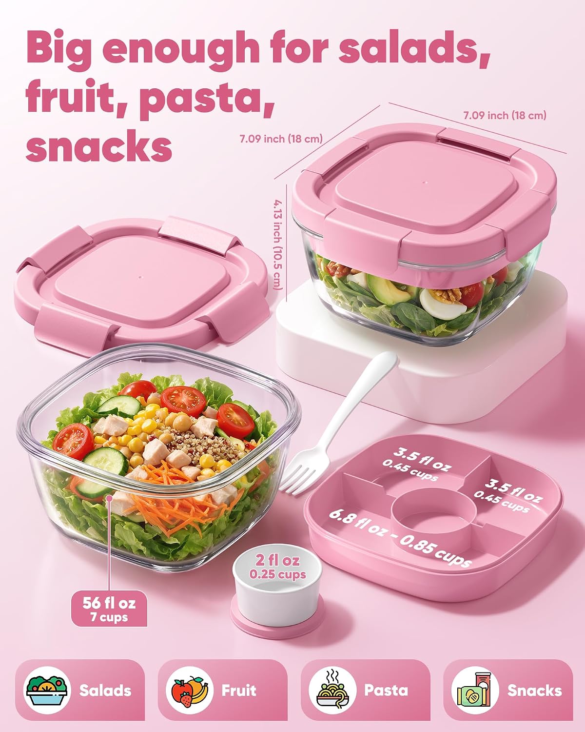 Glass Salad Container, 56oz Bowl with Airtight Lids, Bento Box