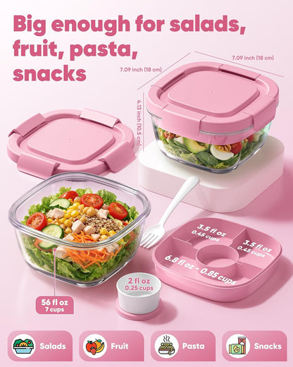 Glass Salad Container, 56oz Bowl with Airtight Lids, Bento Box