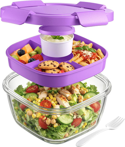 Glass Salad Container, 56oz Bowl with Airtight Lids, Bento Box