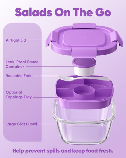 Glass Salad Container, 56oz Bowl with Airtight Lids, Bento Box