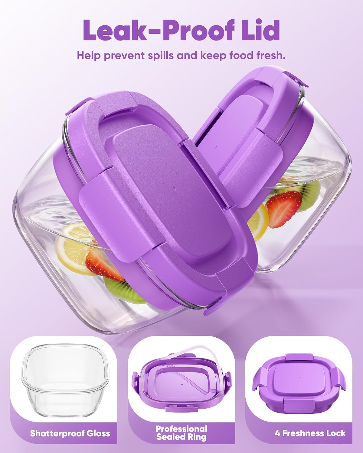 Glass Salad Container, 56oz Bowl with Airtight Lids, Bento Box