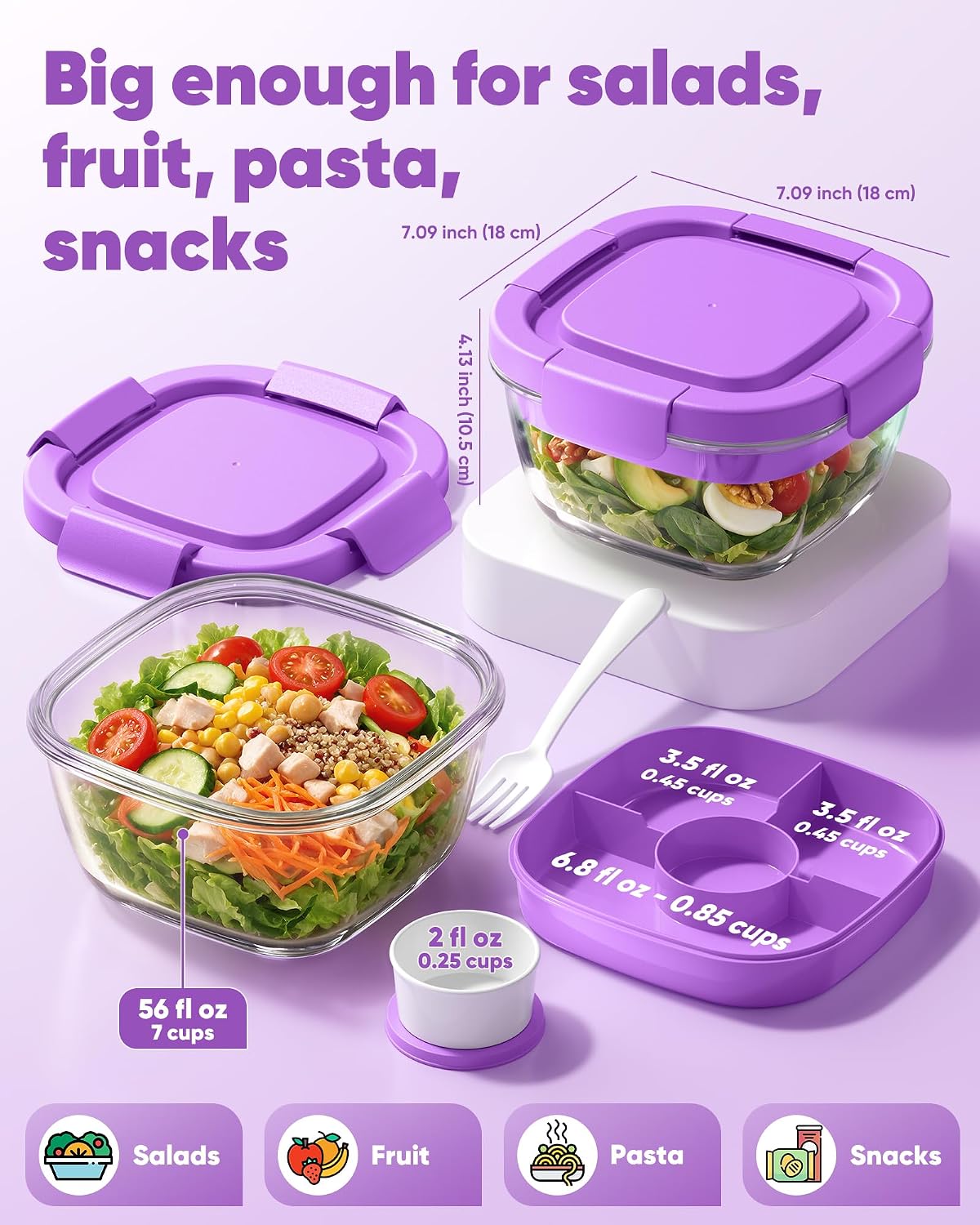 Glass Salad Container, 56oz Bowl with Airtight Lids, Bento Box
