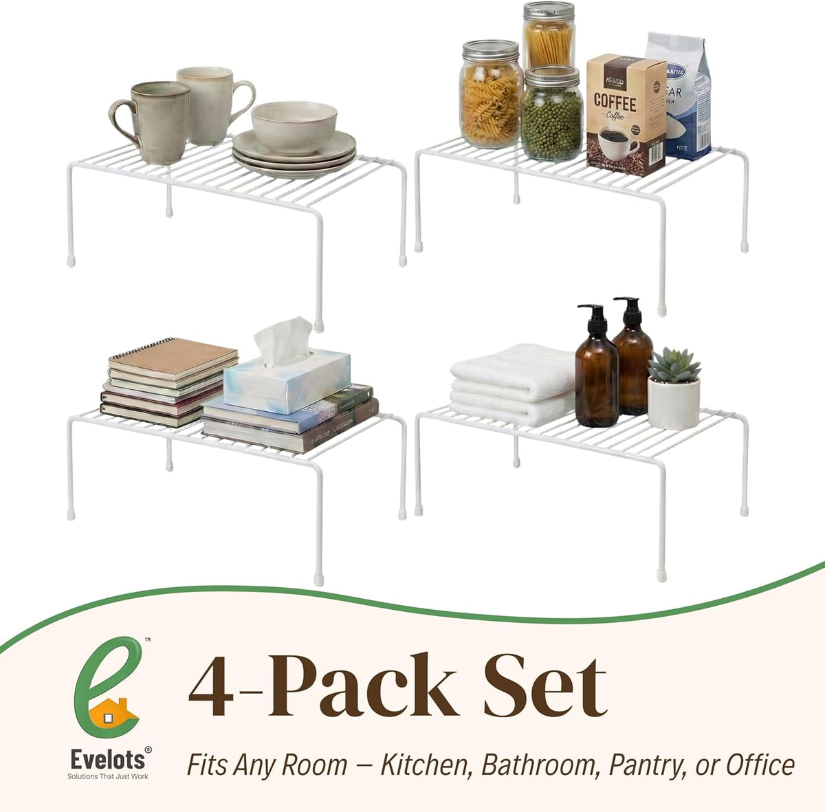 Wire Shelf Organizer Set, Metal Cabinet Shelf Risers, 4-Pack, White | 4-Pack rustproof metal wire shelf organizers create extra storage space in kitchen cabinets, pantries, freezers and bathrooms