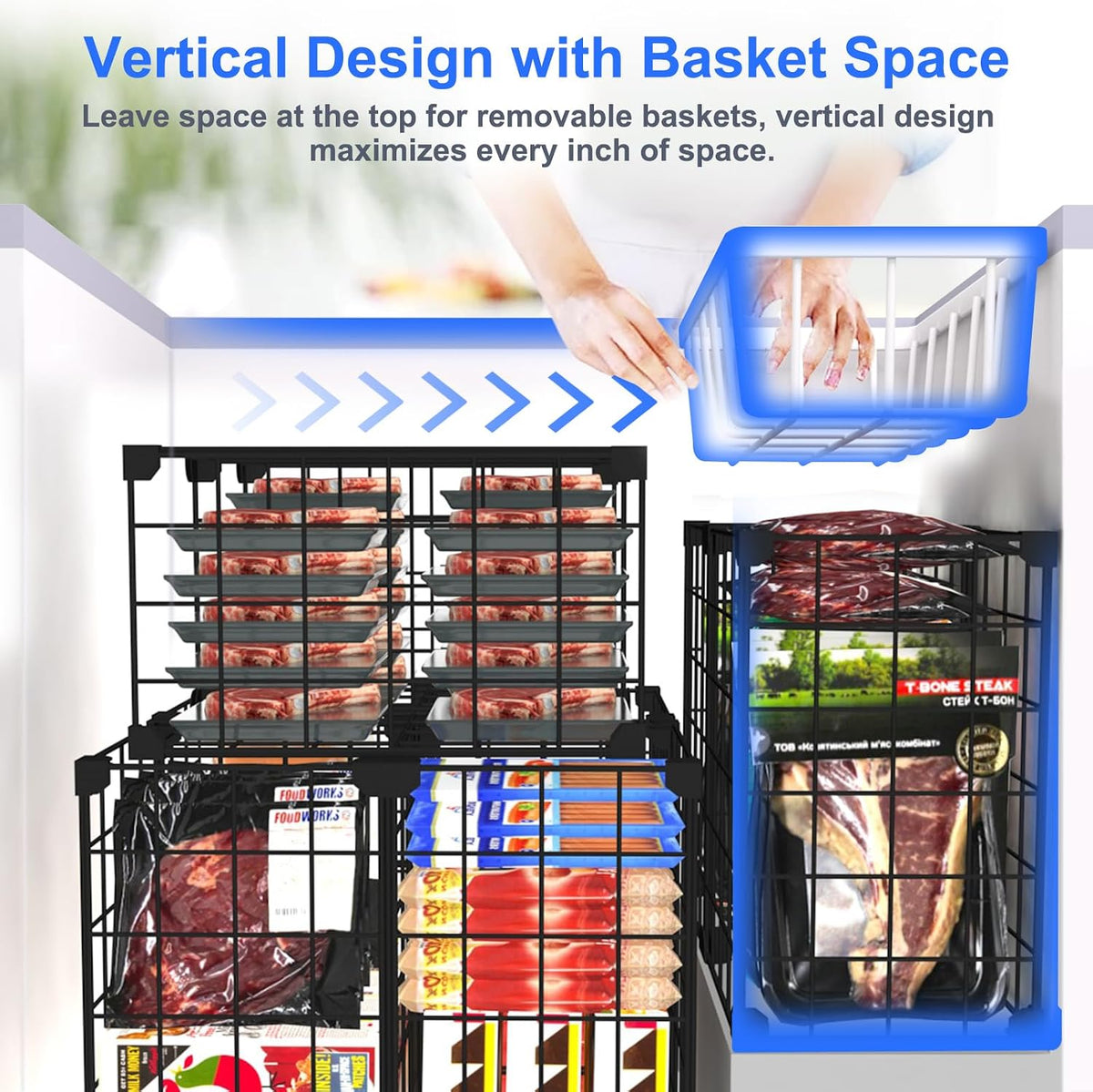 Freezer Organizer Bins, Freezer Dividers for Deep Chest Freezer Compressor Area, Black Wire Basket Shelf for Food Storage Kitchen Refrigerator Organization (Small-14.8“ x 7.7” x 12.6")