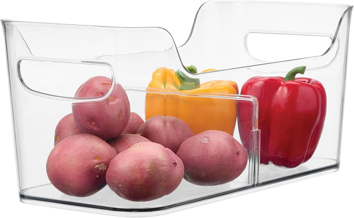 Divided Fridge Organizer Bin with Handles, Clear | Refrigerator or Freezer Bin