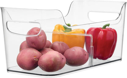 Divided Fridge Organizer Bin with Handles, Clear | Refrigerator or Freezer Bin