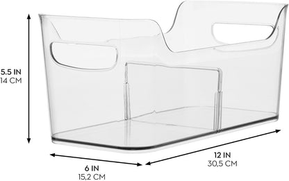 Divided Fridge Organizer Bin with Handles, Clear | Refrigerator or Freezer Bin