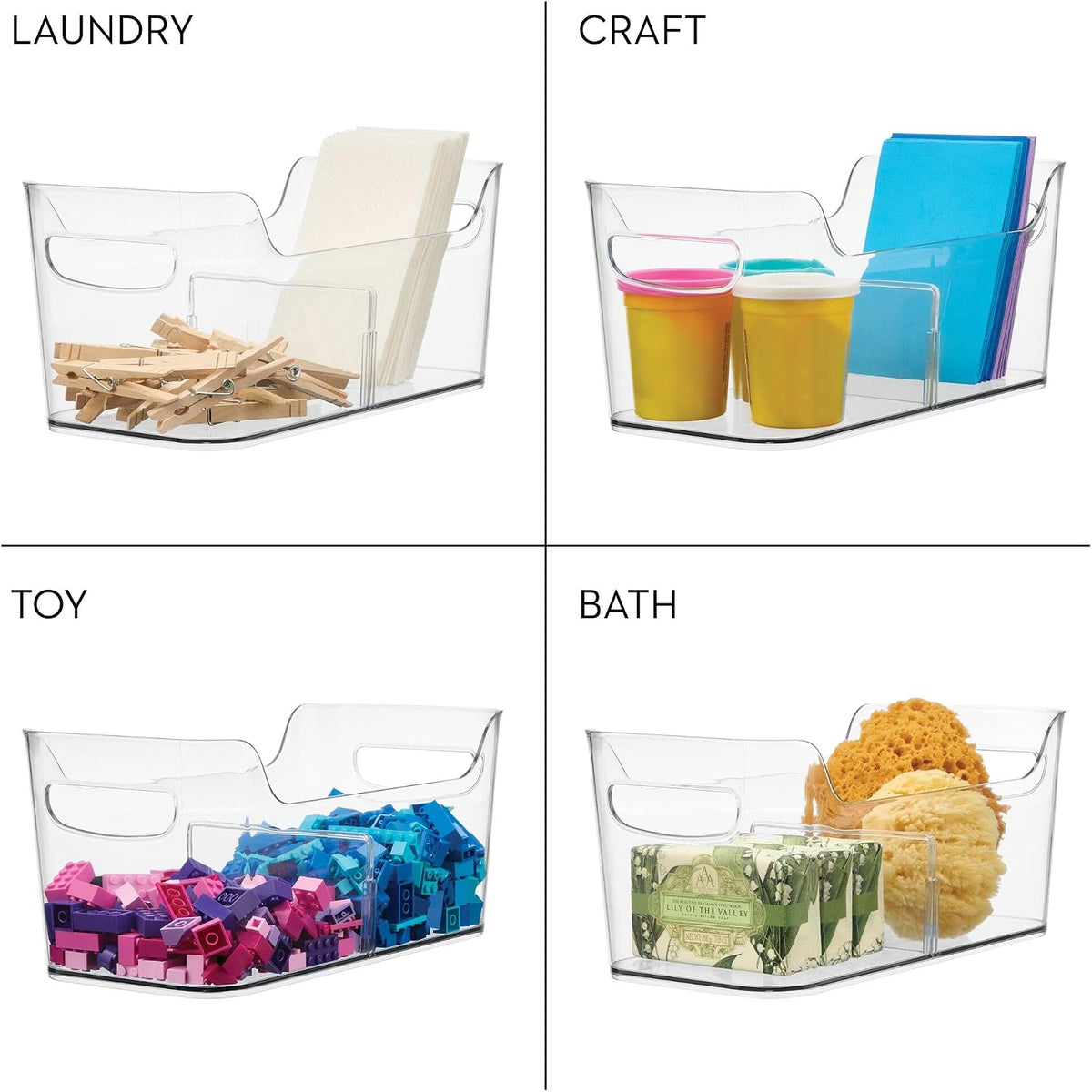 Divided Fridge Organizer Bin with Handles, Clear | Refrigerator or Freezer Bin