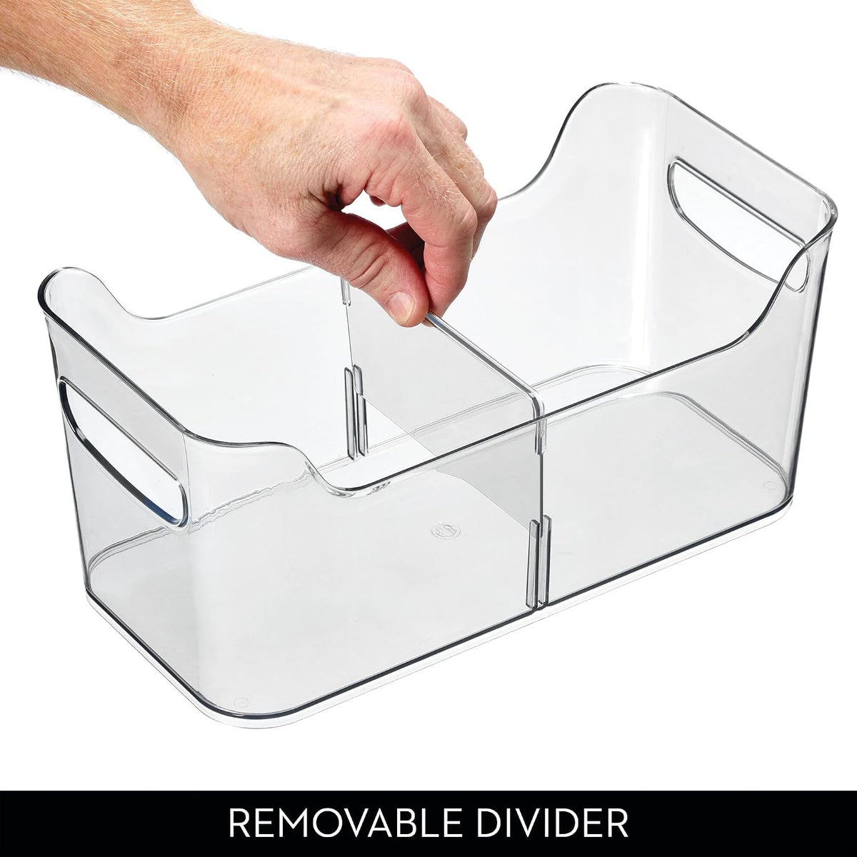 Divided Fridge Organizer Bin with Handles, Clear | Refrigerator or Freezer Bin