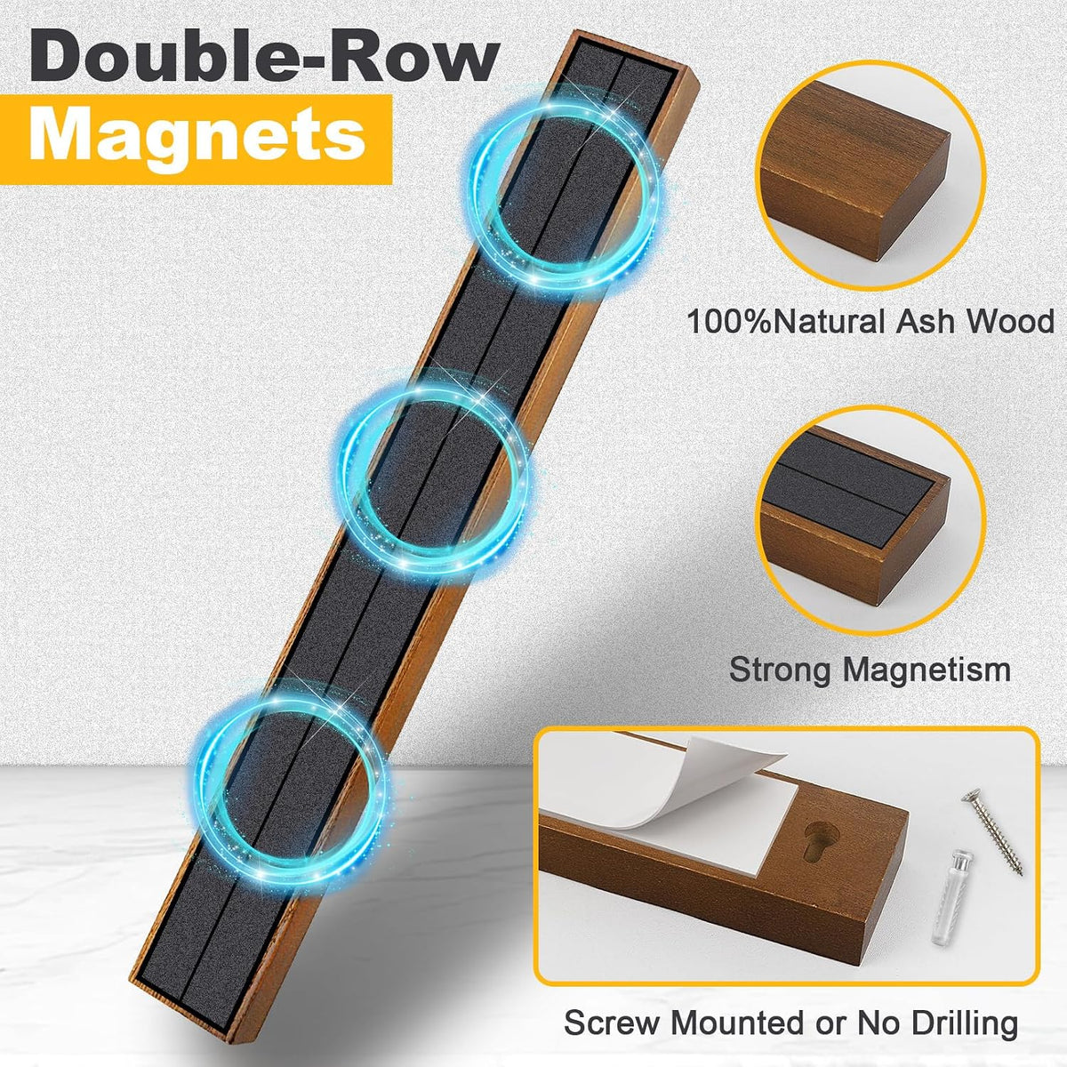 Magnetic Knife Holder Wood, 10" Knife Magnetic Strip No Drill Adhesive Knife Magnet Block, Wooden Magnetic Knife Holder for Wall Mount Fridge Refrigerator Kitchen Knife Bar Utensils Tools Organizer
