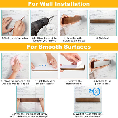 Magnetic Knife Holder Wood, 10" Knife Magnetic Strip No Drill Adhesive Knife Magnet Block, Wooden Magnetic Knife Holder for Wall Mount Fridge Refrigerator Kitchen Knife Bar Utensils Tools Organizer