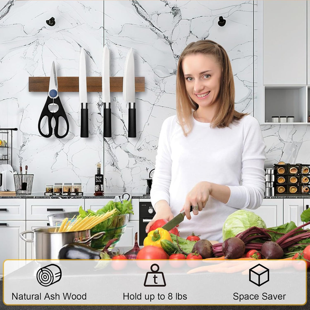Magnetic Knife Holder Wood, 10" Knife Magnetic Strip No Drill Adhesive Knife Magnet Block, Wooden Magnetic Knife Holder for Wall Mount Fridge Refrigerator Kitchen Knife Bar Utensils Tools Organizer