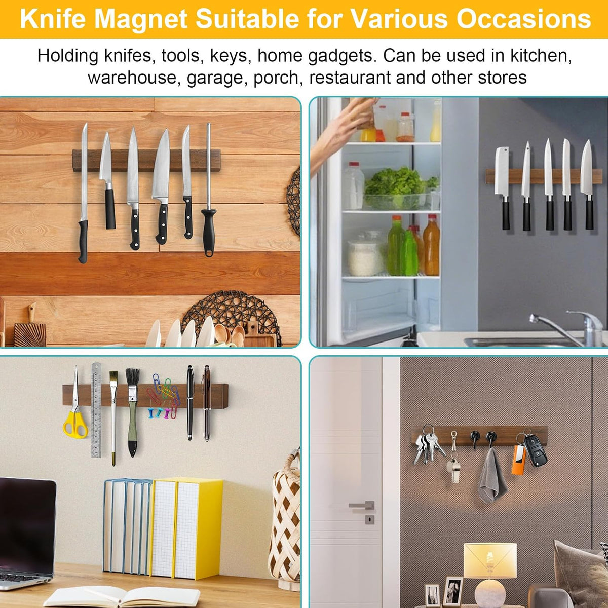 Magnetic Knife Holder Wood, 10" Knife Magnetic Strip No Drill Adhesive Knife Magnet Block, Wooden Magnetic Knife Holder for Wall Mount Fridge Refrigerator Kitchen Knife Bar Utensils Tools Organizer