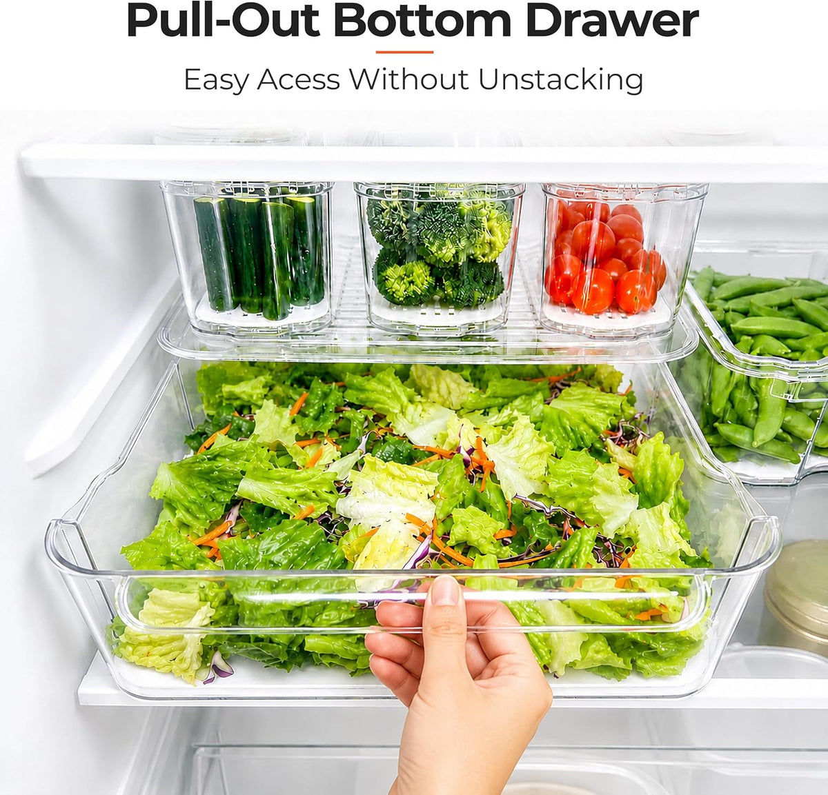 Clear Fridge Bins with Drain Trays - BPA-Free PET, Stackable(6 Pack) | 6 Pack: 1 Drawer + 5 lidded Bins, Helps Keep Produce Fresh, 16.3L Capacity, Hand Wash Only