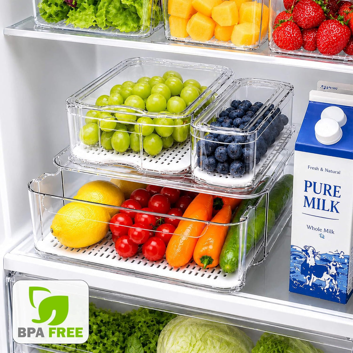 Clear Fridge Bins with Drain Trays - BPA-Free PET, Stackable(6 Pack) | 6 Pack: 1 Drawer + 5 lidded Bins, Helps Keep Produce Fresh, 16.3L Capacity, Hand Wash Only