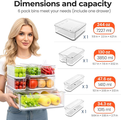 Clear Fridge Bins with Drain Trays - BPA-Free PET, Stackable(6 Pack) | 6 Pack: 1 Drawer + 5 lidded Bins, Helps Keep Produce Fresh, 16.3L Capacity, Hand Wash Only
