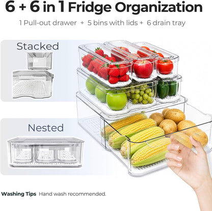 Clear Fridge Bins with Drain Trays - BPA-Free PET, Stackable(6 Pack) | 6 Pack: 1 Drawer + 5 lidded Bins, Helps Keep Produce Fresh, 16.3L Capacity, Hand Wash Only