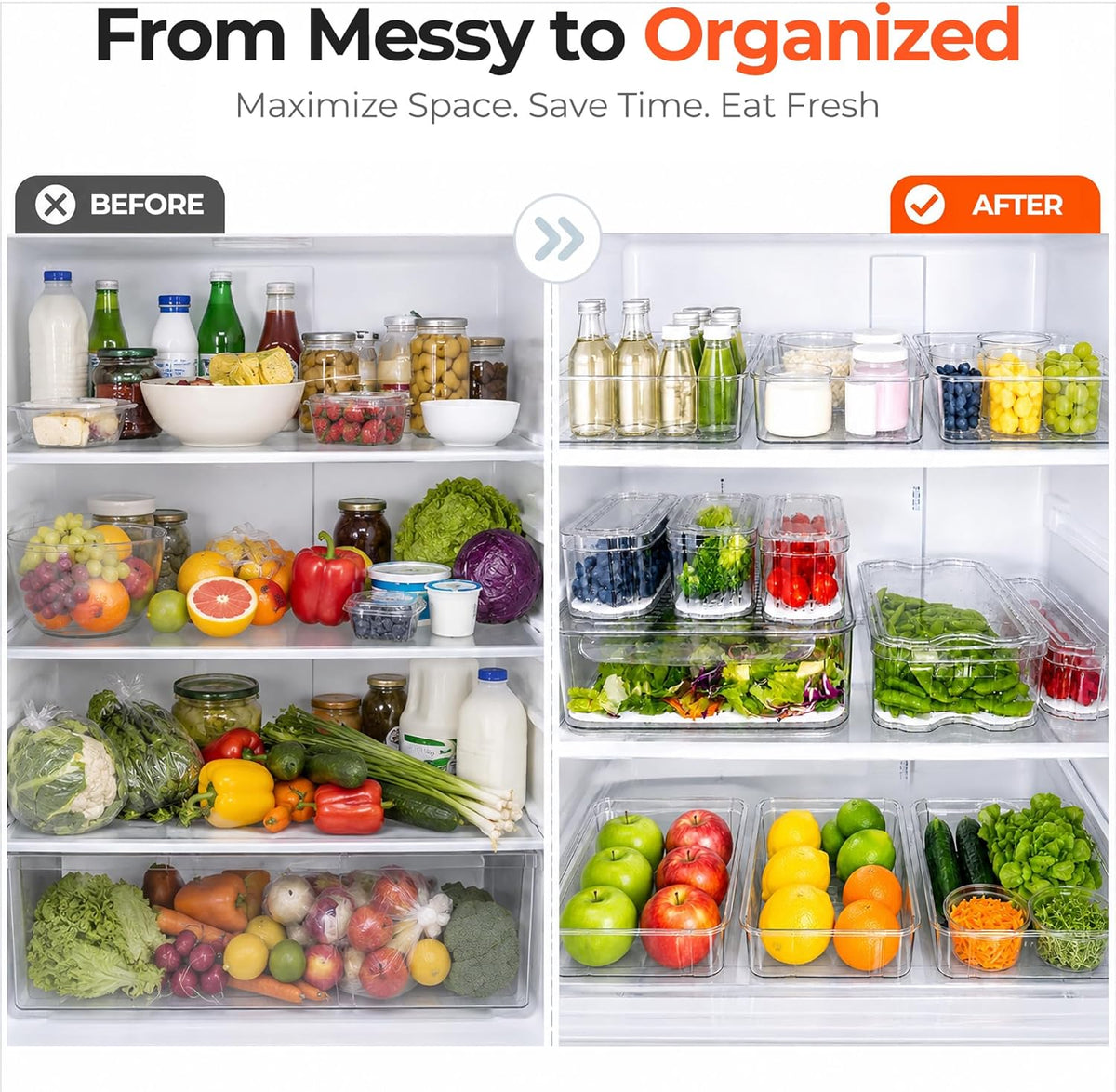 Clear Fridge Bins with Drain Trays - BPA-Free PET, Stackable(6 Pack) | 6 Pack: 1 Drawer + 5 lidded Bins, Helps Keep Produce Fresh, 16.3L Capacity, Hand Wash Only