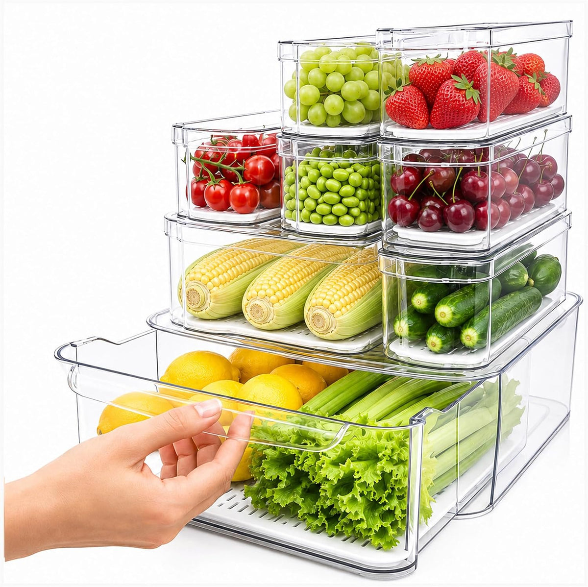 Clear Fridge Bins with Drain Trays - BPA-Free PET, Stackable(6 Pack) | 6 Pack: 1 Drawer + 5 lidded Bins, Helps Keep Produce Fresh, 16.3L Capacity, Hand Wash Only