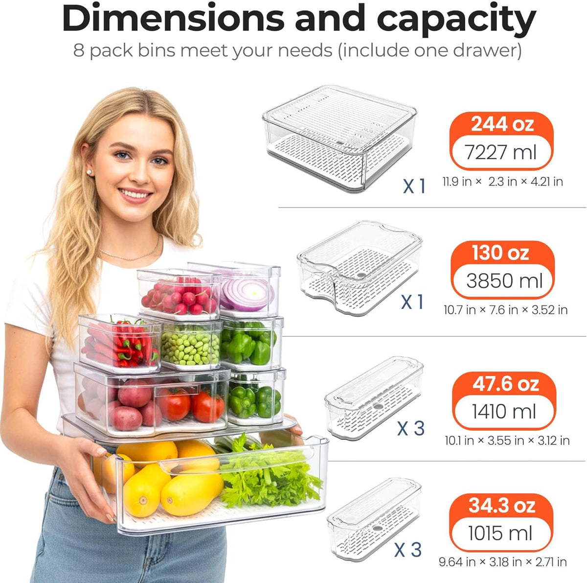 Clear Fridge Bins with Drain Trays - BPA-Free PET, Stackable(6 Pack) | 6 Pack: 1 Drawer + 5 lidded Bins, Helps Keep Produce Fresh, 16.3L Capacity, Hand Wash Only