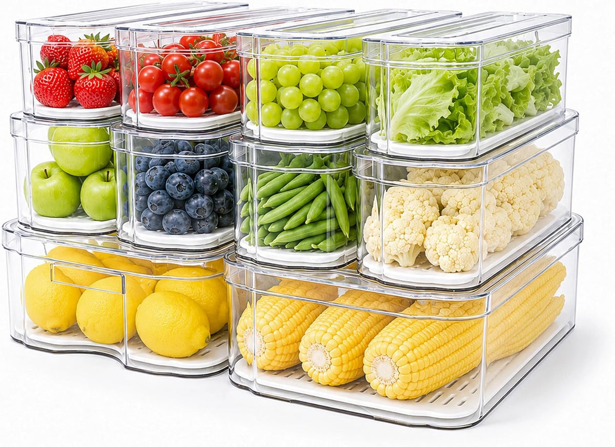 Clear Fridge Bins with Drain Trays - BPA-Free PET, Stackable(6 Pack) | 6 Pack: 1 Drawer + 5 lidded Bins, Helps Keep Produce Fresh, 16.3L Capacity, Hand Wash Only