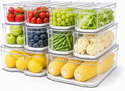 Clear Fridge Bins with Drain Trays - BPA-Free PET, Stackable(6 Pack) | 6 Pack: 1 Drawer + 5 lidded Bins, Helps Keep Produce Fresh, 16.3L Capacity, Hand Wash Only