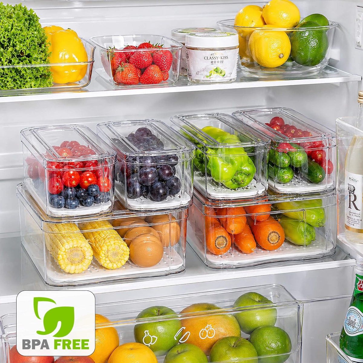 Clear Fridge Bins with Drain Trays - BPA-Free PET, Stackable(6 Pack) | 6 Pack: 1 Drawer + 5 lidded Bins, Helps Keep Produce Fresh, 16.3L Capacity, Hand Wash Only