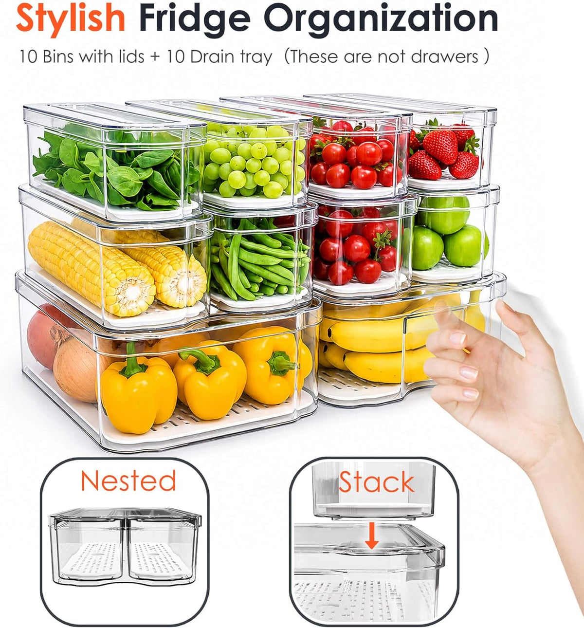Clear Fridge Bins with Drain Trays - BPA-Free PET, Stackable(6 Pack) | 6 Pack: 1 Drawer + 5 lidded Bins, Helps Keep Produce Fresh, 16.3L Capacity, Hand Wash Only