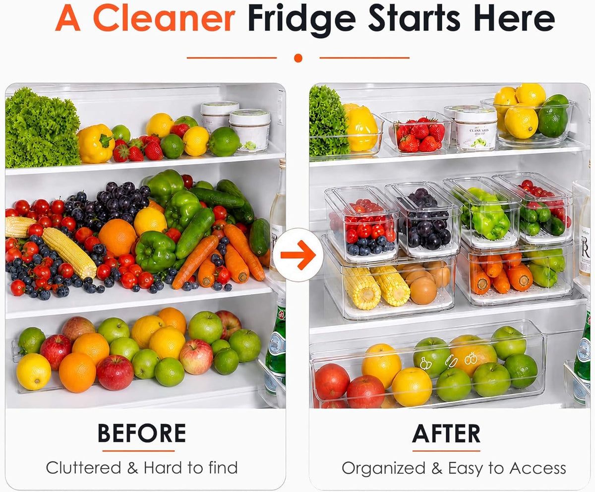Clear Fridge Bins with Drain Trays - BPA-Free PET, Stackable(6 Pack) | 6 Pack: 1 Drawer + 5 lidded Bins, Helps Keep Produce Fresh, 16.3L Capacity, Hand Wash Only