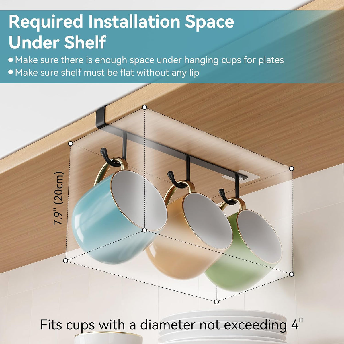Coffee Mug Holder Under Cabinet Only Fits Shelves up to 3/4" Thick, Clip-On Coffee Cup Holder Pack of 3, No Drilling Free Damage