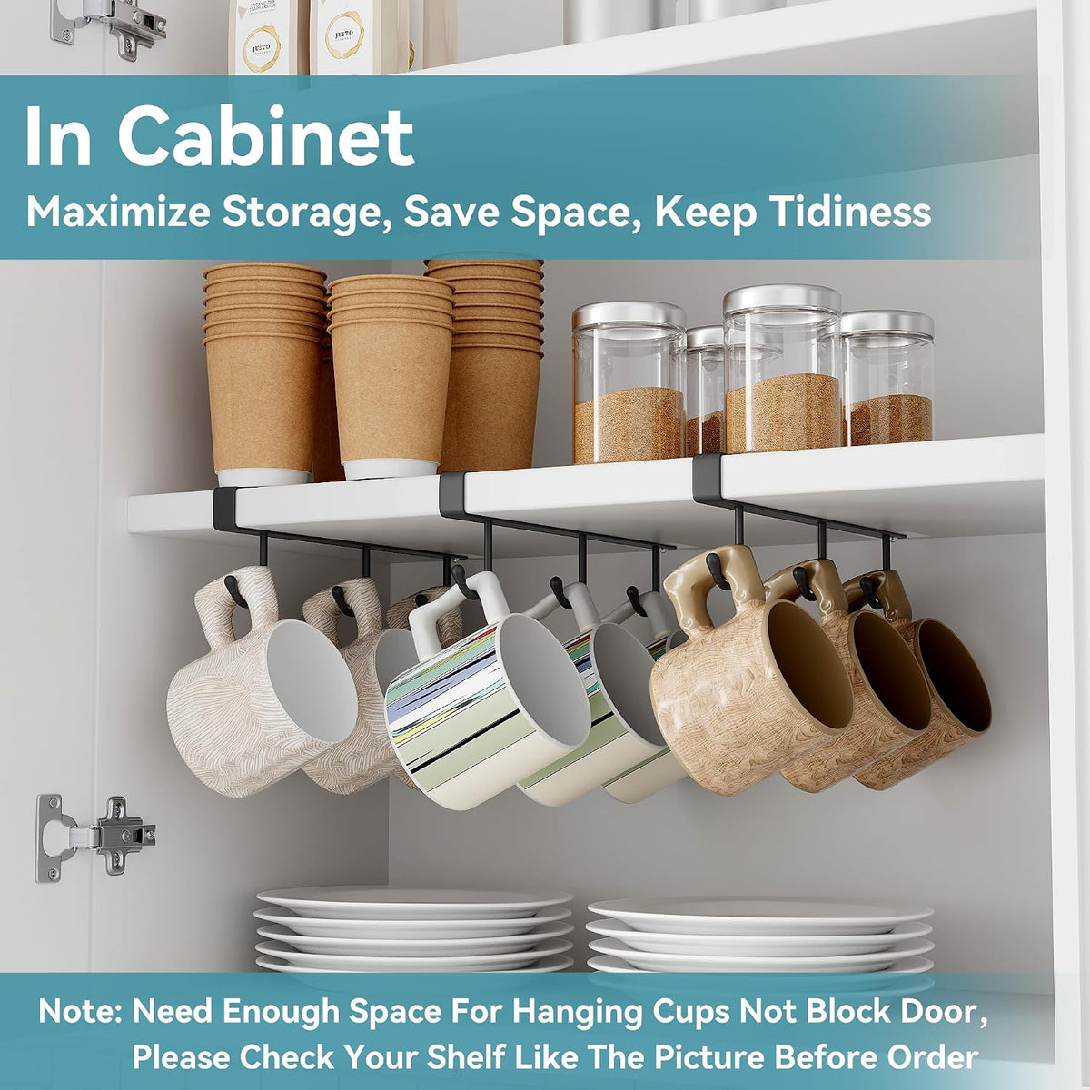 Coffee Mug Holder Under Cabinet Only Fits Shelves up to 3/4" Thick, Clip-On Coffee Cup Holder Pack of 3, No Drilling Free Damage