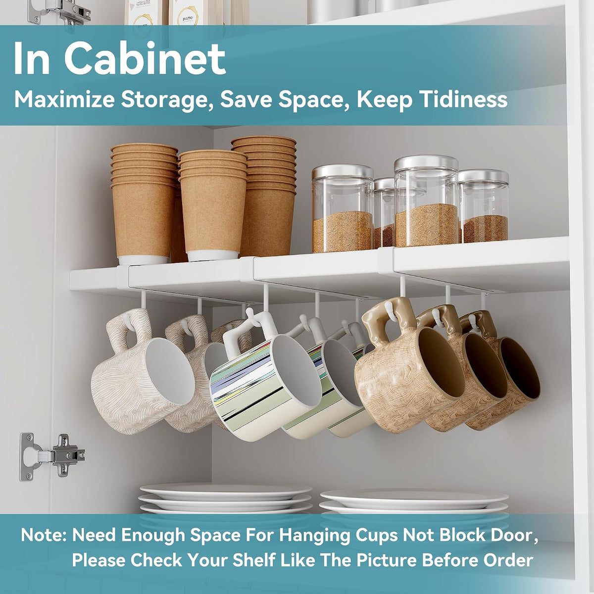 Coffee Mug Holder Under Cabinet Only Fits Shelves up to 3/4" Thick, Clip-On Coffee Cup Holder Pack of 3, No Drilling Free Damage