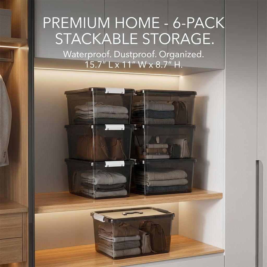 6 Quart Clear Storage Latch Box/Bins, 6-Pack Plastic Container with Latches and Lid