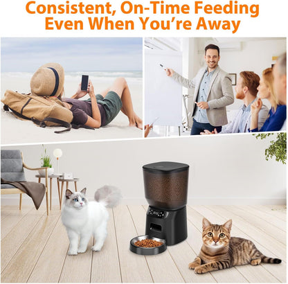 Automatic Cat Feeder, Cat Food Dispenser with Stainless Steel Bowl, Timed Portion Control 20 Portions 6 Meals Per Day, Voice Recorder, Dual Power Supply for Small Dogs