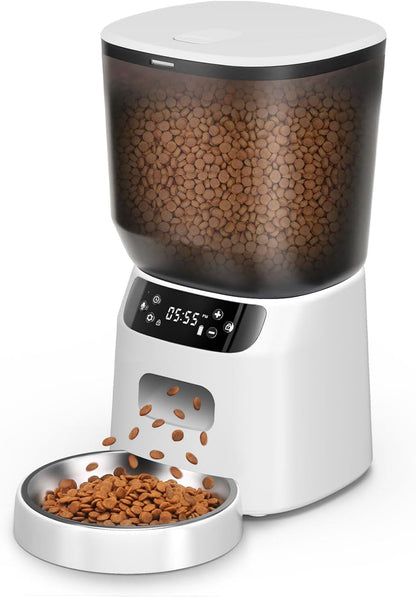 Automatic Cat Feeder, Cat Food Dispenser with Stainless Steel Bowl, Timed Portion Control 20 Portions 6 Meals Per Day, Voice Recorder, Dual Power Supply for Small Dogs