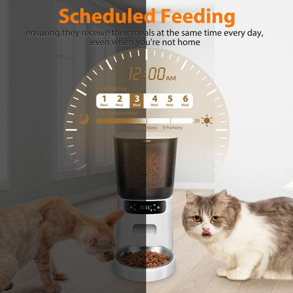 Automatic Cat Feeder, Cat Food Dispenser with Stainless Steel Bowl, Timed Portion Control 20 Portions 6 Meals Per Day, Voice Recorder, Dual Power Supply for Small Dogs