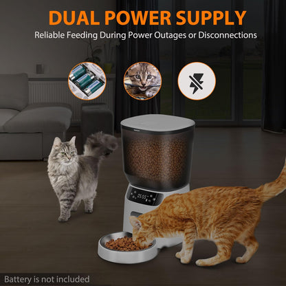 Automatic Cat Feeder, Cat Food Dispenser with Stainless Steel Bowl, Timed Portion Control 20 Portions 6 Meals Per Day, Voice Recorder, Dual Power Supply for Small Dogs