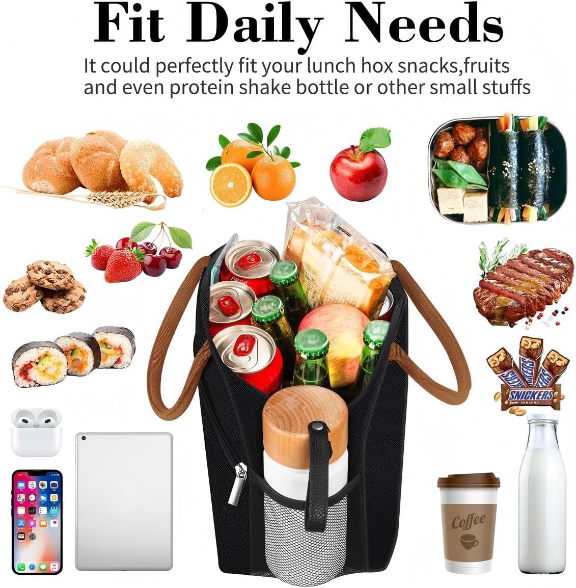 Lunch Box Lunch Bag for Women Men,Reusable Cute Lunch Pail bag,Leakproof,Insulated LunchBox Tote Compact 10L, Cooler Lunch Container for Work Travel Office (Black) - Colors A