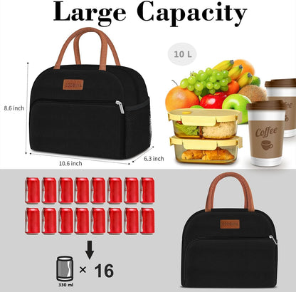 Lunch Box Lunch Bag for Women Men,Reusable Cute Lunch Pail bag,Leakproof,Insulated LunchBox Tote Compact 10L, Cooler Lunch Container for Work Travel Office (Black) - Colors A