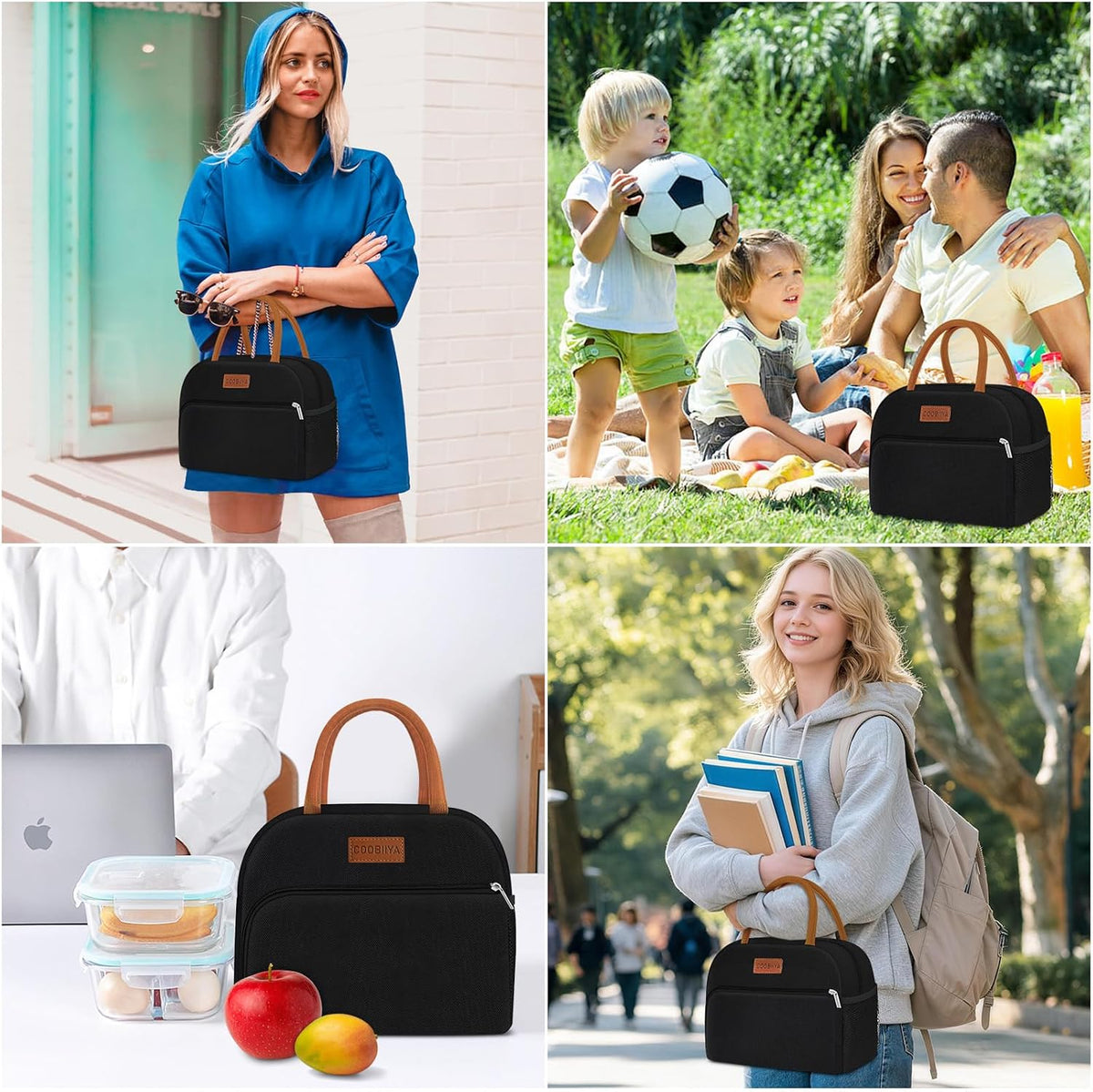 Lunch Box Lunch Bag for Women Men,Reusable Cute Lunch Pail bag,Leakproof,Insulated LunchBox Tote Compact 10L, Cooler Lunch Container for Work Travel Office (Black) - Colors A