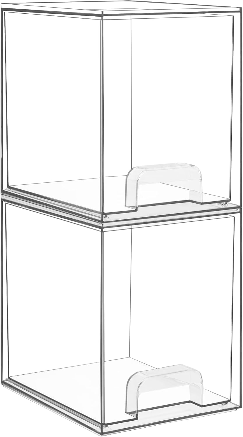 Clear Stackable Storage Drawers, Wide Plastic Organizers | Clear Pull-Out Plastic Drawers, Stackable Design for Makeup Palettes, Cosmetics, Beauty Supplies, Vanity, Cabinet and Desk